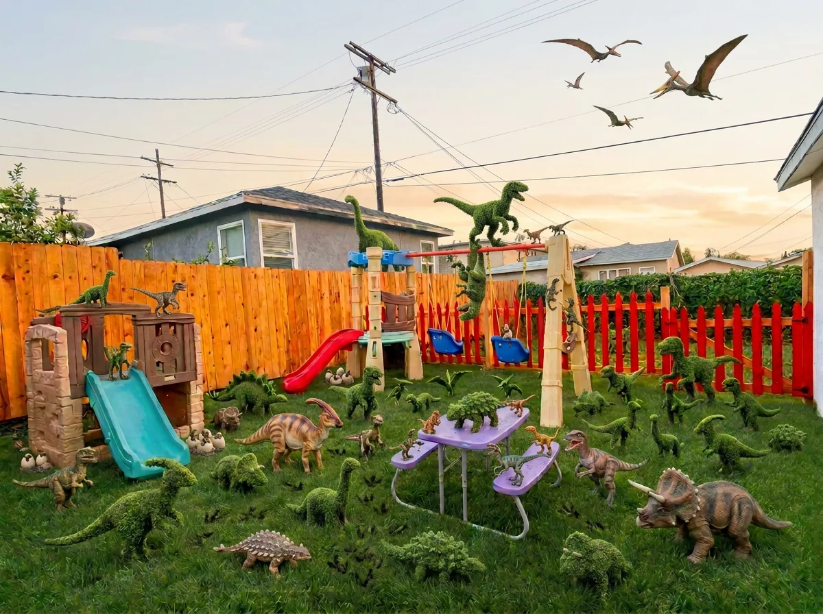 Backyard playground staged with dinosaur figures at sunset