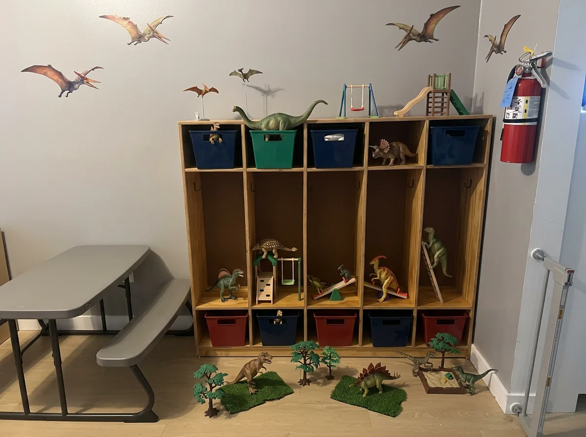 Cubby storage with mini dinosaur dioramas
