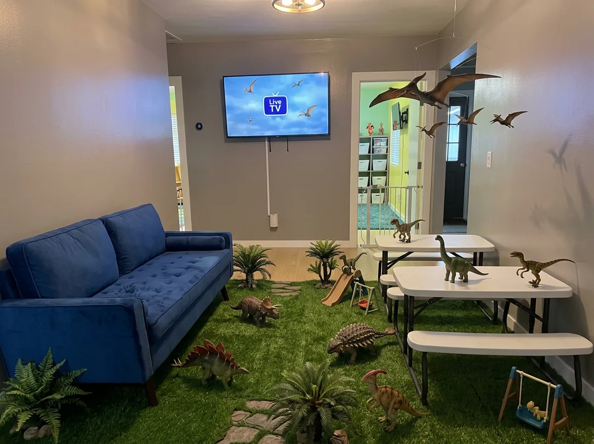 Living room with turf and dinosaur picnic tables
