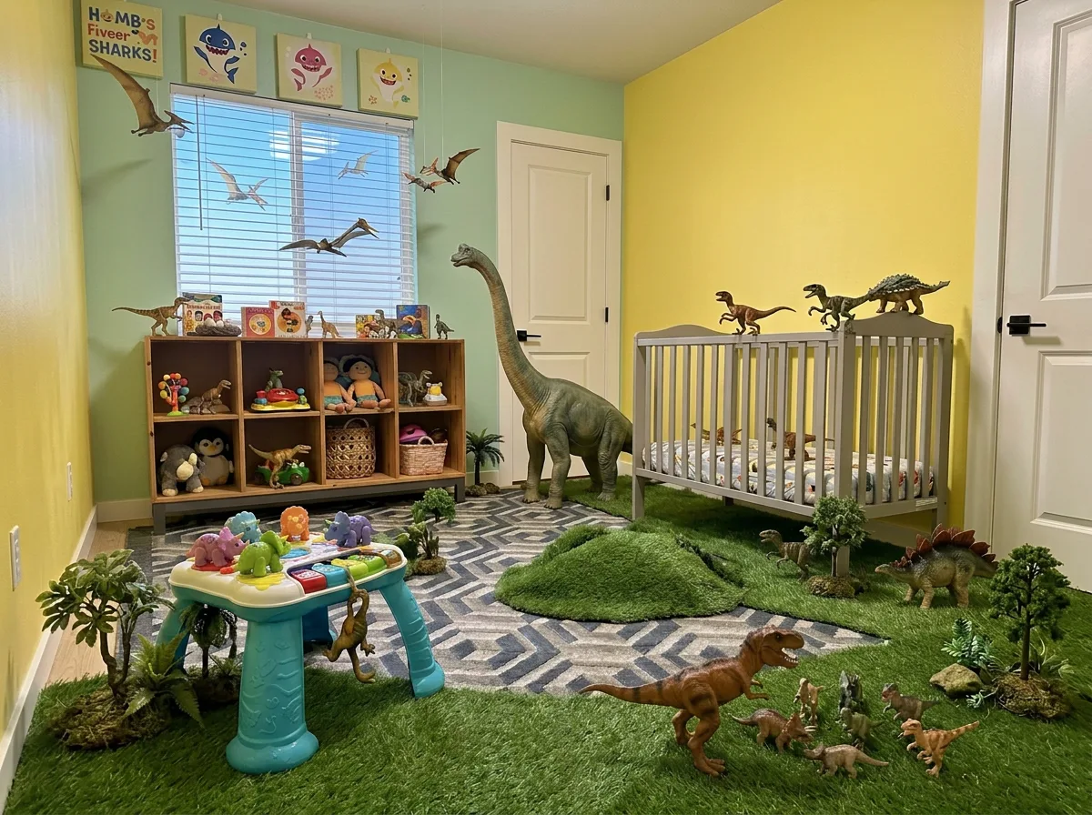 Nursery with crib and friendly dinosaur figures