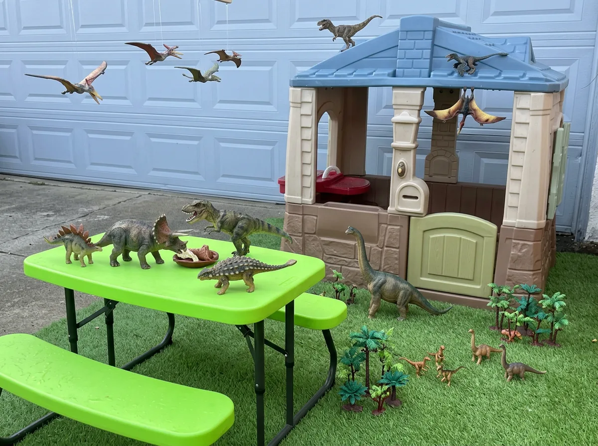 Outdoor playhouse with dinosaurs and picnic table