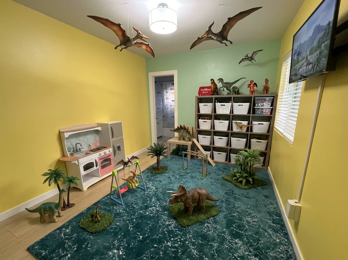 Second playroom with teal rug and toy storage